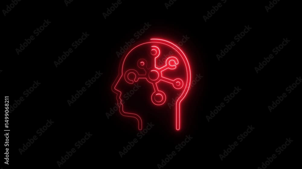 Poster neon head and brain connections concept illustrating artificial intelligence and data processing