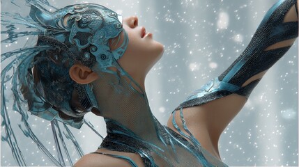 ethereal dreamy fantasy theme portrait, young woman wearing blue feather face mask and headdress surround with glitter glow light 