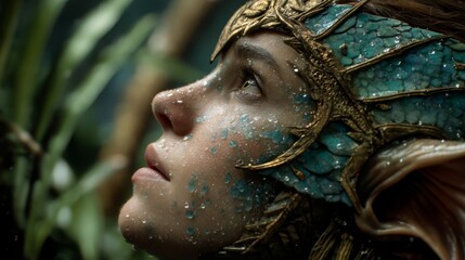 fantasy dreamy portrait close up face Caucasian woman with fish scale on face with gold headdress, naga or mermaid theme 