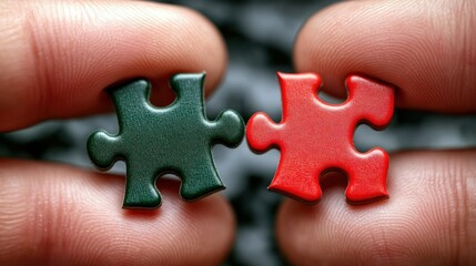Fototapeta premium Fingers joining red and green puzzle pieces against a grey background; solution concept