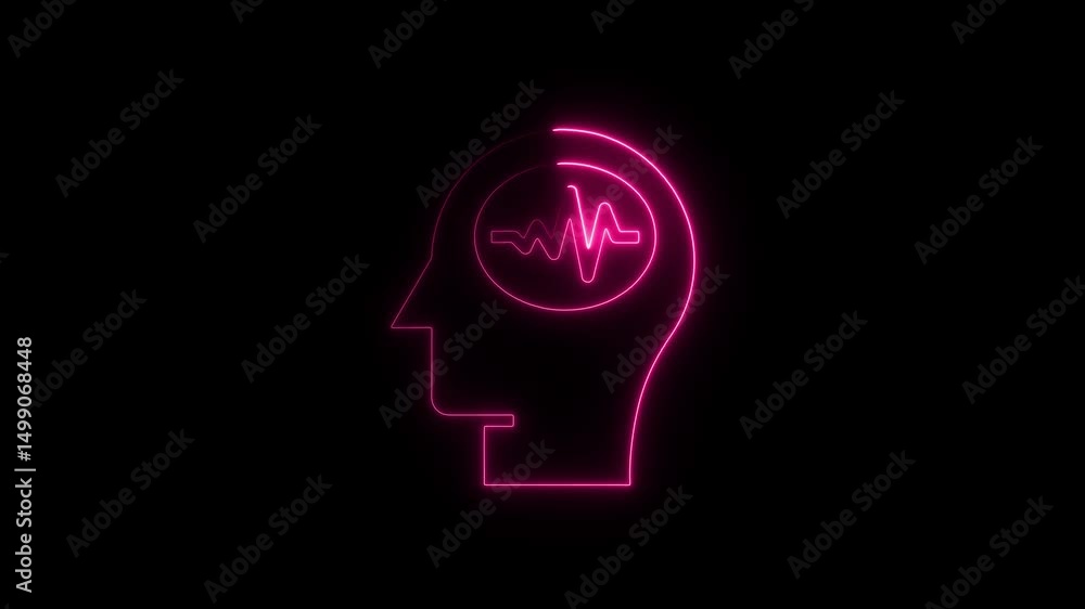 Poster animated neon head with brain waves suggesting mental activity and thought processes on black backgr