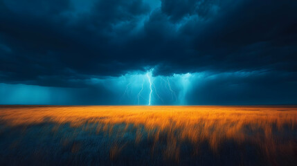 Lightning Strikes Golden Field Under Dramatic Dark Blue Storm Clouds