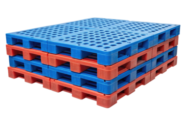 Stack of colorful plastic pallets for storage solutions isolated with transparent background