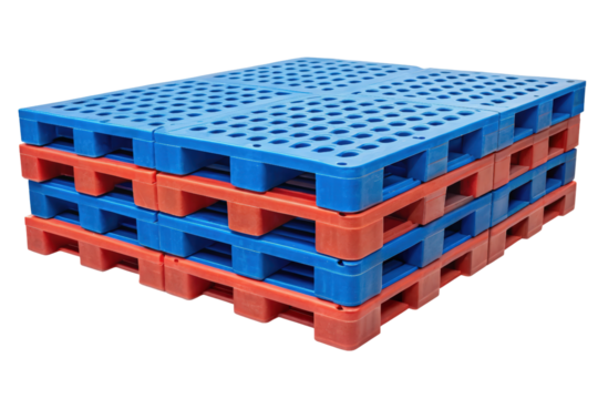 Stack of colorful plastic pallets for storage solutions isolated with transparent background