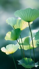 a few green lotus leaves in the sun, calm peaceful nature garden scene 