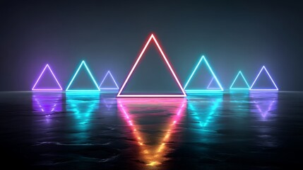 neon light trail geometric shape wall stage show in dark room, abstract background immersive futuristic technology theme