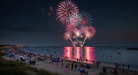 Fireworks over Beach Crowd at Night