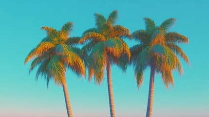 Three palm trees sunset tropical beach summer vacation postcard