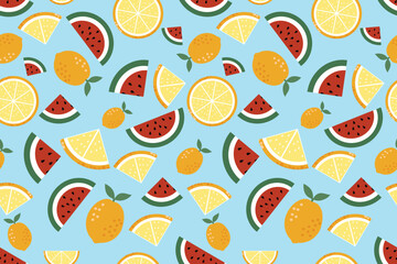 Fun and colorful seamless fruit pattern featuring lemon slices, oranges, and watermelon on a bright blue background. Ideal for summer-themed textile prints, packaging, kids' products, and digital wall