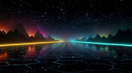 endless hologram road surround with polygon mountain glow immersive landscape cybernetic world,