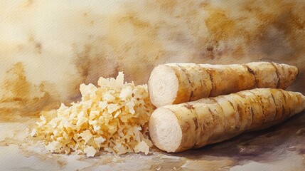 Freshly harvested cassava roots with a pile of grated cassava on a rustic surface.