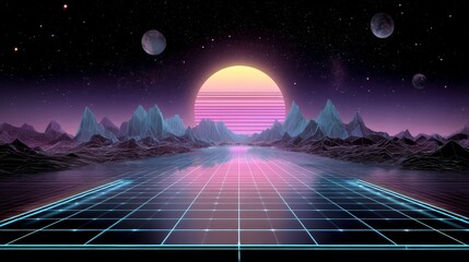 hologram road with neon light moon surround with polygon mountain  glow immersive landscape cybernetic world, 