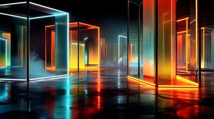 geometric box with neon light glow ,  ethereal cybernetic  immersive theme