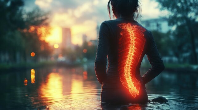 Woman's back, highlighted spine, sunset by water