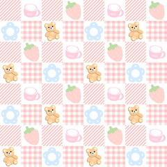 seamless  pattern with flowers strawberry and bears