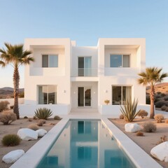 Fototapeta premium Modern Two-Story House with Pool in Desert Landscape