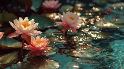 beautiful pink waterlily flower blossoming at nature pond with light reflecting on water surface, calm peaceful 