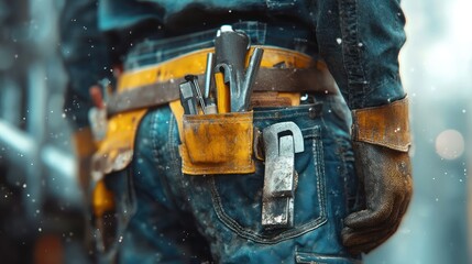 Construction Worker's Tool Belt Amidst the Snowy Backdrop of an Urban Setting