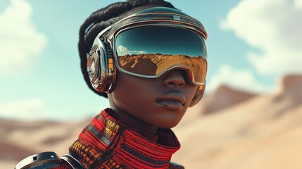 Futuristic african woman in goggles reflecting desert, digital art
