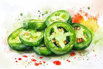 A vibrant watercolor painting of sliced green jalapenos with colorful splashes in the background.