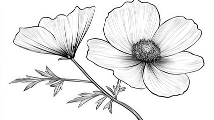 Fototapeta premium Elegant Black and White Sketch of Delicate Flowers with Intricate Petals and Leaves