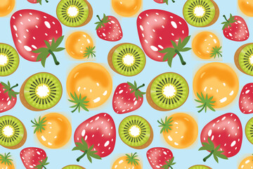 Bright and cheerful seamless fruit pattern featuring strawberries, kiwis, and oranges on a soft blue background. Perfect for summer-themed fabric, textile prints, wrapping paper, and digital wallpaper
