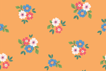 Seamless floral pattern, liberty ditsy print in folk motif. Cute botanical design of small hand drawn daisy flowers, tiny leaves, simple bouquets on yellow background. Vector illustration.