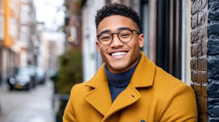 Obraz premium Smiling man, city street portrait, autumn coat, blurred background, profile