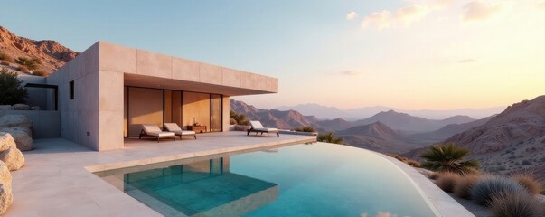 Fototapeta premium Geometric concrete house, desert view, infinity pool, light, minimalist