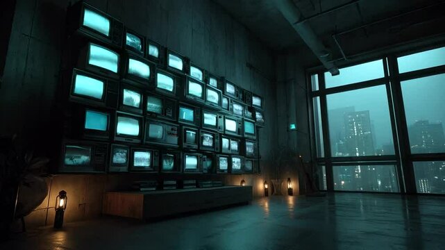 Televisions wall in a dark room