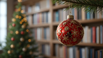 Detail of christmas ball at branch in front of unsharp background of bookshelf in a loft