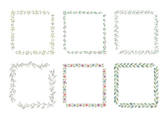 花の四角フレームイラストセット（手書き）