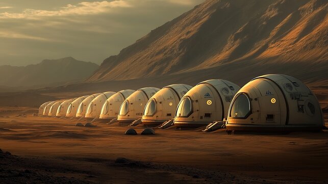 A stunning view of Mars colonization efforts, futuristic vehicles and habitats