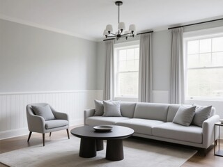 Modern Living Room with Grey Sofa and Chandelier