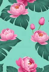 Fototapeta premium Seamless Pattern with Peonies and Banana Leaves. Perfect for textile design, wrapping paper, and tropical-themed decor.