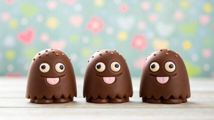 Obraz premium Cute Chocolate Monsters with Eyes and Smiles on Colorful Background