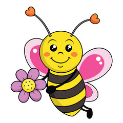 A cheerful bee on a pink flower surrounded by hearts 