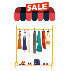 Vector image of Sale poster with sale tags, clothes hanger with clothes, isolated on a white background