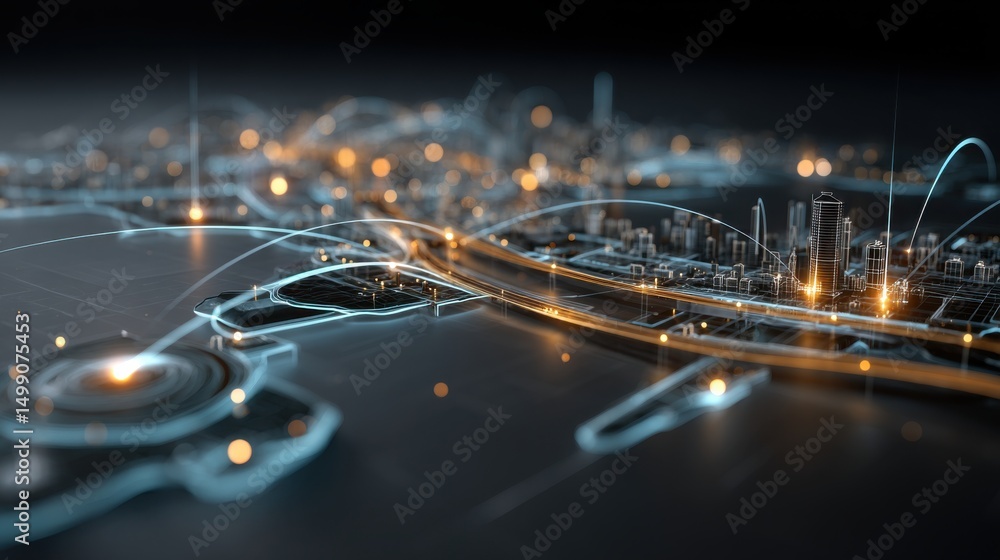 Wall mural futuristic glowing city network map with luminous connections and data streams on dark background pe