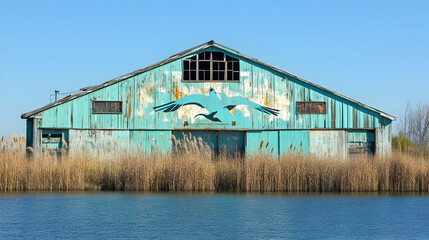 Weathered lakeside barn with bird mural under clear skies, exuding rustic charm