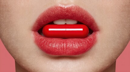 Close-up of red capsule pill held between glossy red lips on pink background representing pharmaceutical theme and ideal for healthcare advertisements, cosmetic campaigns and drug awareness visuals