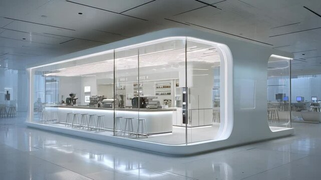 sleek architectural innovation for modern urban lifestyle, futuristic white coffee pod cafe with glass walls and minimal interior design in smart office building.