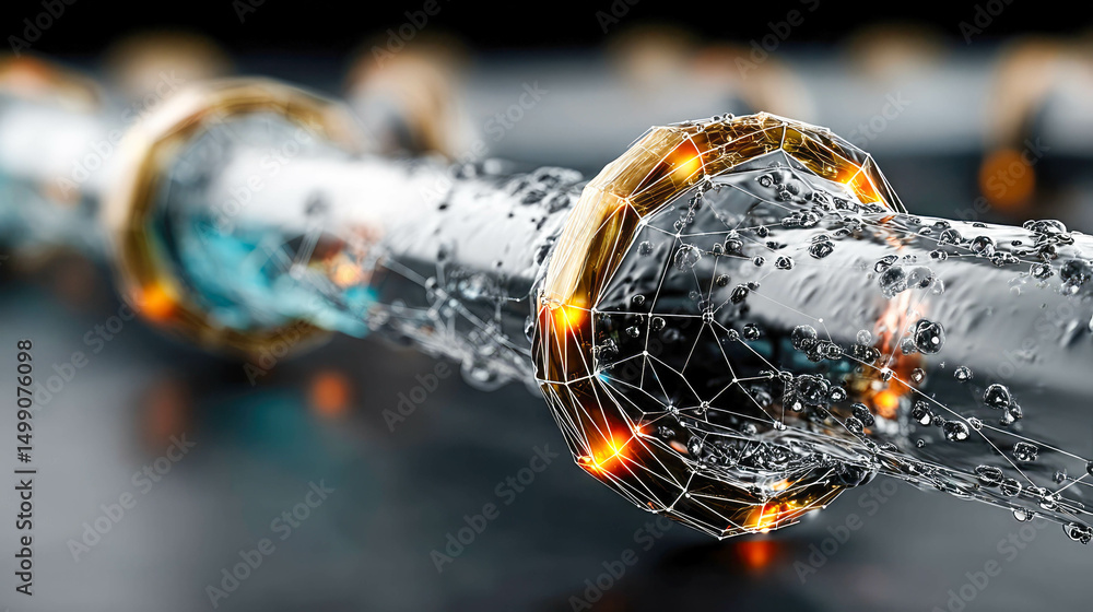 Poster conceptual low-poly illustration of a high-tech oil pipeline with glowing grid overlay and liquid si