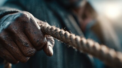 Close-up of strong male hand pulling thick rope in natural outdoor lighting representing effort, struggle and determination ideal for physical labor, teamwork and motivational visuals