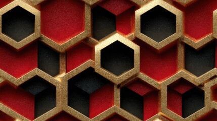 Stylized 3D hexagonal honeycomb pattern with golden and red geometry and deep black shadows ideal for abstract backgrounds, modern branding visuals and futuristic design layouts