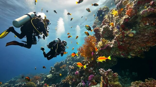 Scuba divers exploring vibrant coral reef