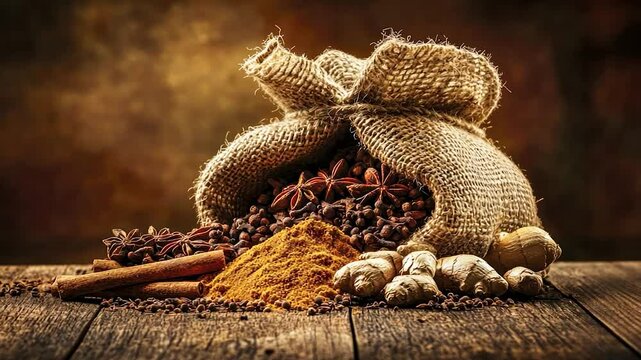 Burlap sack filled with various spices and herbs on a wooden surface