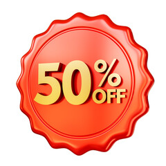 Red discount badge 50% OFF isolated on transparent background. 3D render.
