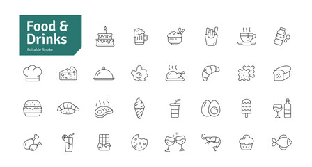 Food And Drinks Line Icons Set. Tea, Coffee, Burger, Pizza, Ice Cream, Beer, Cake, Cookie, Wine, Rice, Fried Chicken, Noodle Icons Editable Stroke Vector Illustration