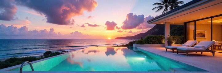 Fototapeta premium Luxury villa with private pool and stunning ocean views, perfect for a relaxing getaway Enjoy breathtaking sunsets and the ultimate in privacy , idyllic, vista, paradise